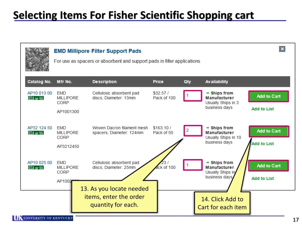 selecting items for fisher scientific shopping 1