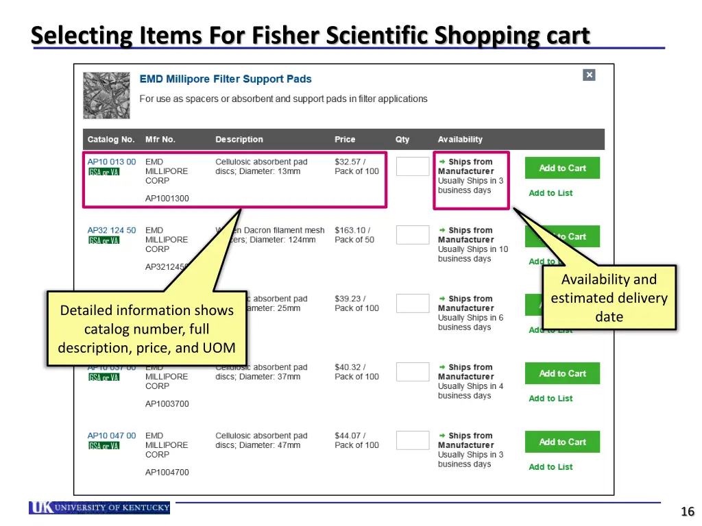 selecting items for fisher scientific shopping