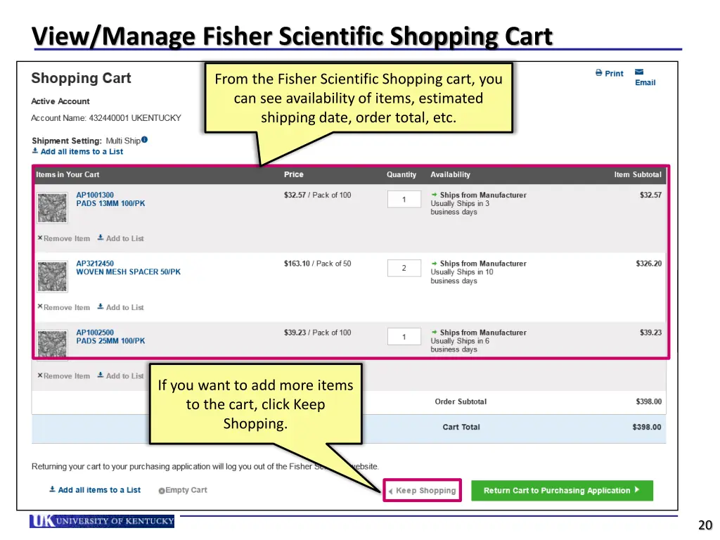 view manage fisher scientific shopping cart