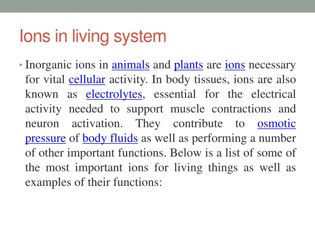 ions in living system