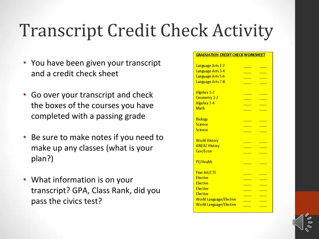 transcript credit check activity