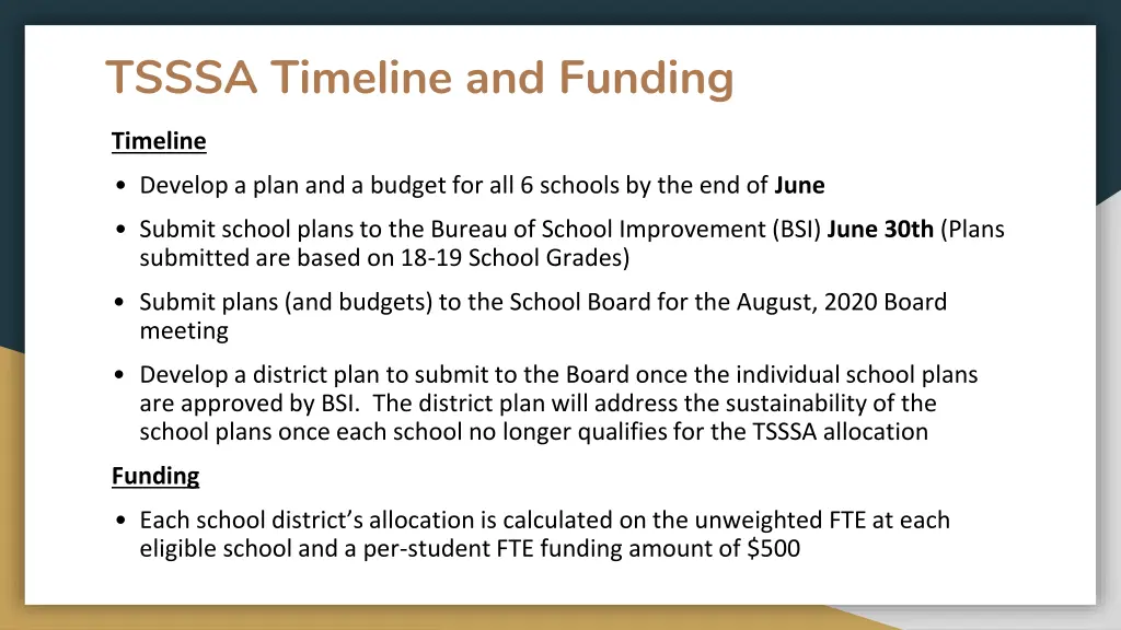 tsssa timeline and funding