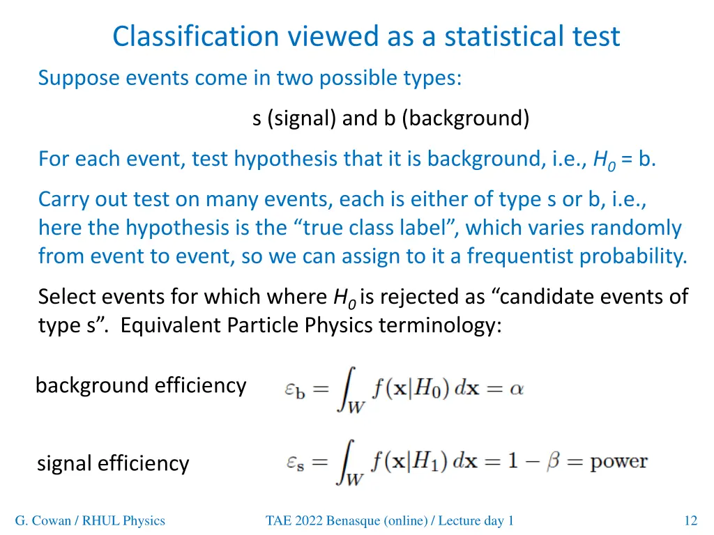 classification viewed as a statistical test