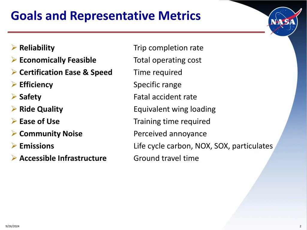 goals and representative metrics