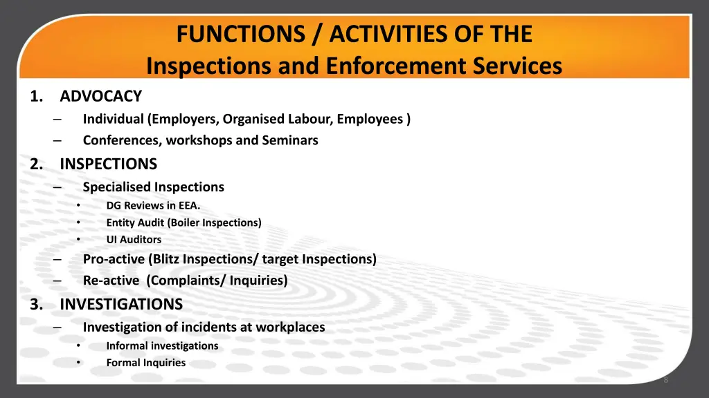 functions activities of the inspections