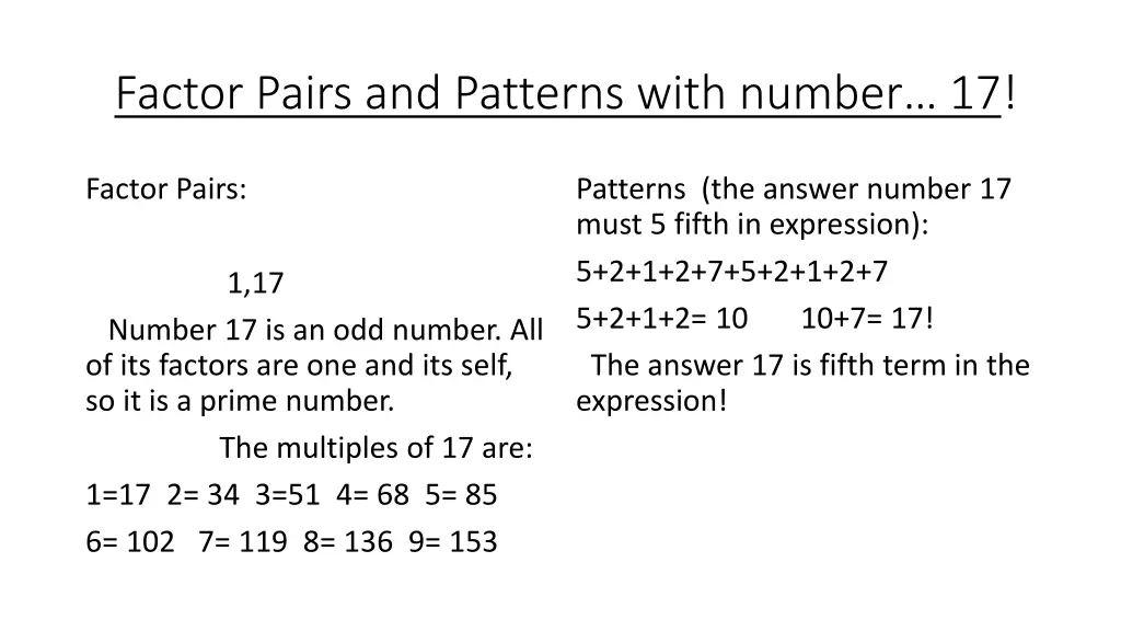 factor pairs and patterns with number 17