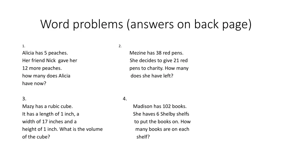 word problems answers on back page