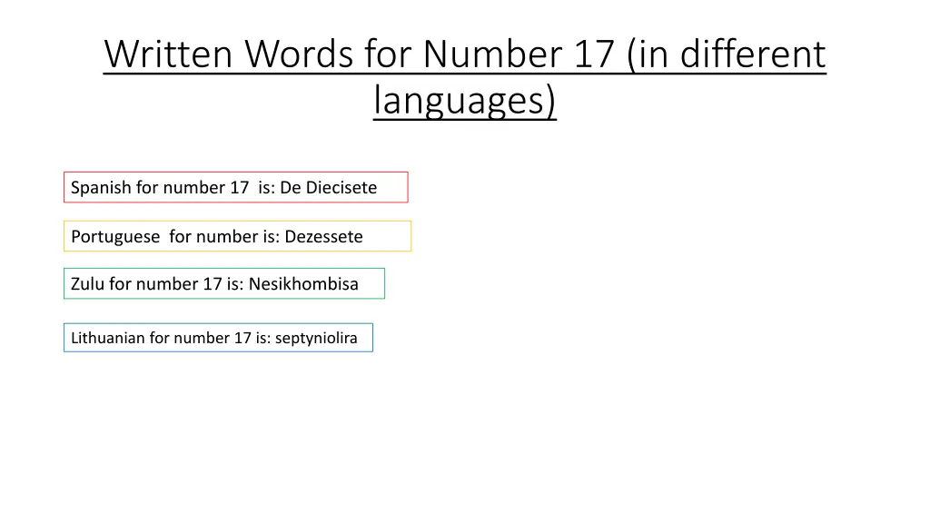 written words for number 17 in different languages