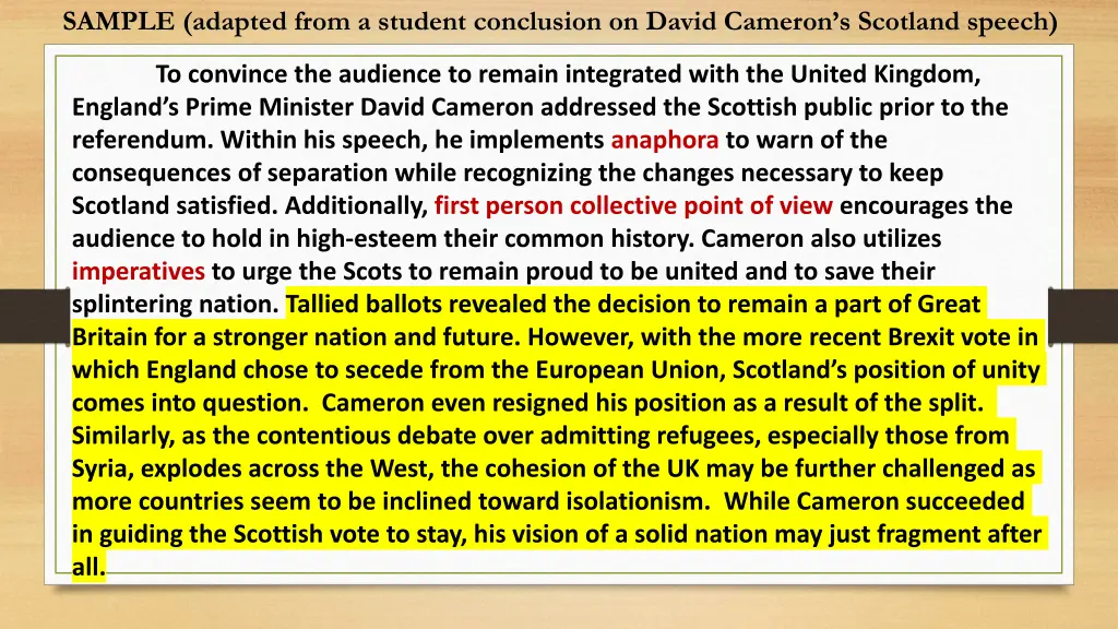 sample adapted from a student conclusion on david