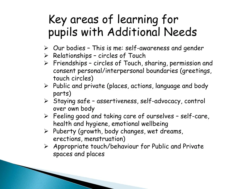 key areas of learning for pupils with additional