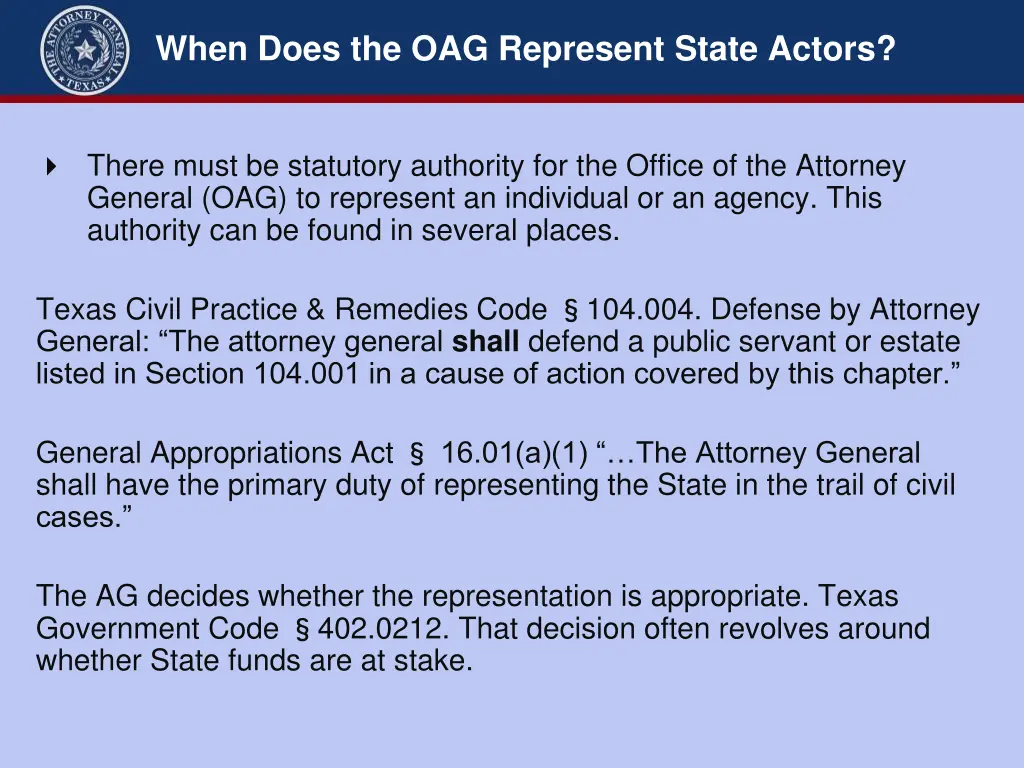 when does the oag represent state actors