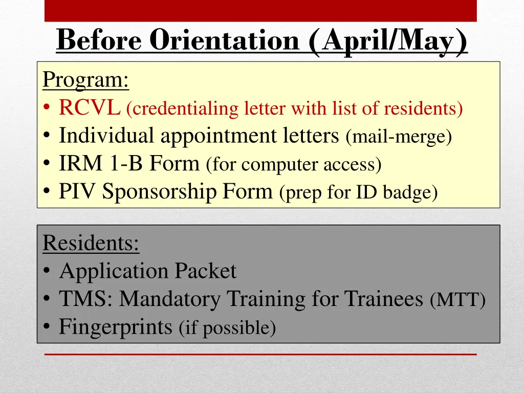 before orientation april may program rcvl