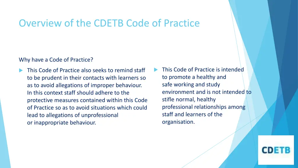 overview of the cdetb code of practice