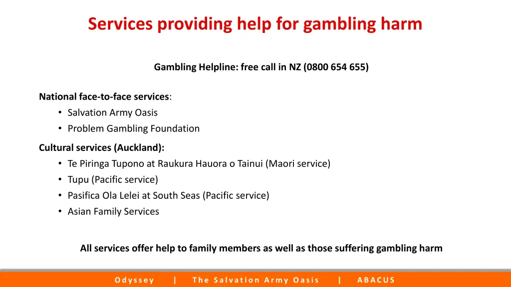 services providing help for gambling harm