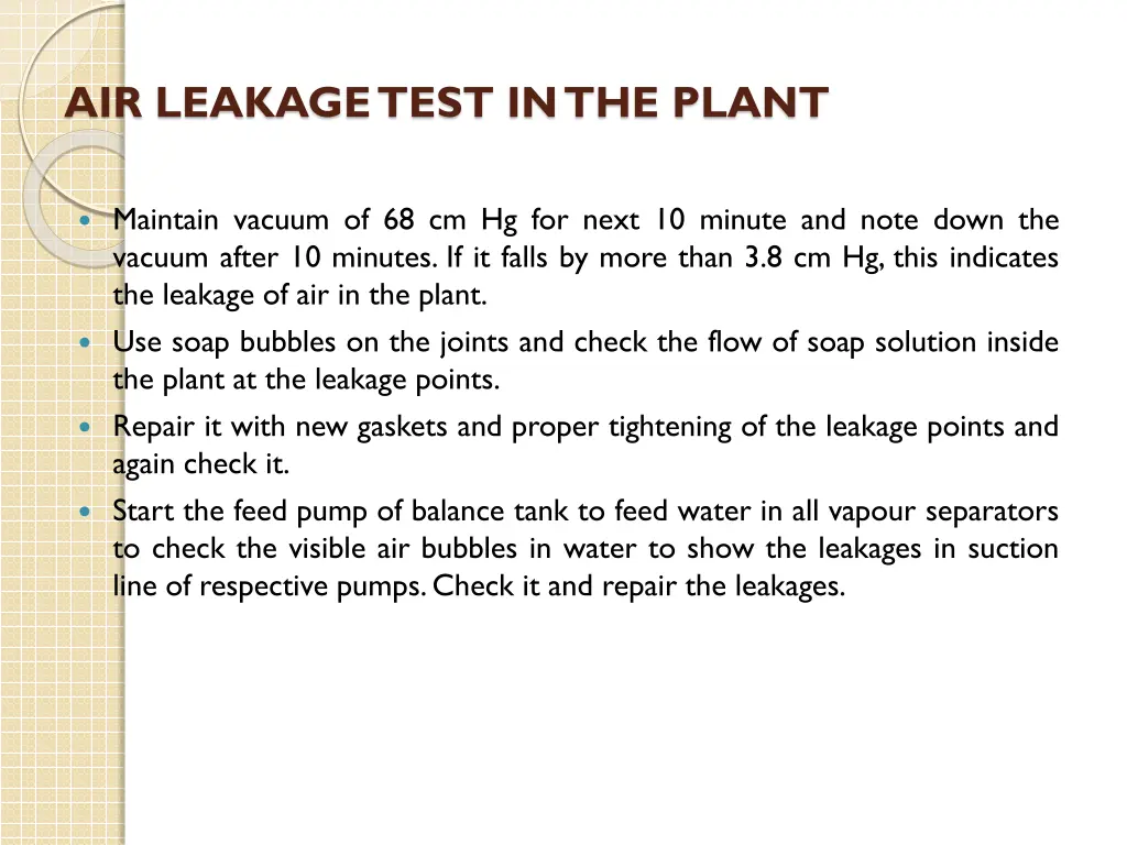 air leakage test in the plant