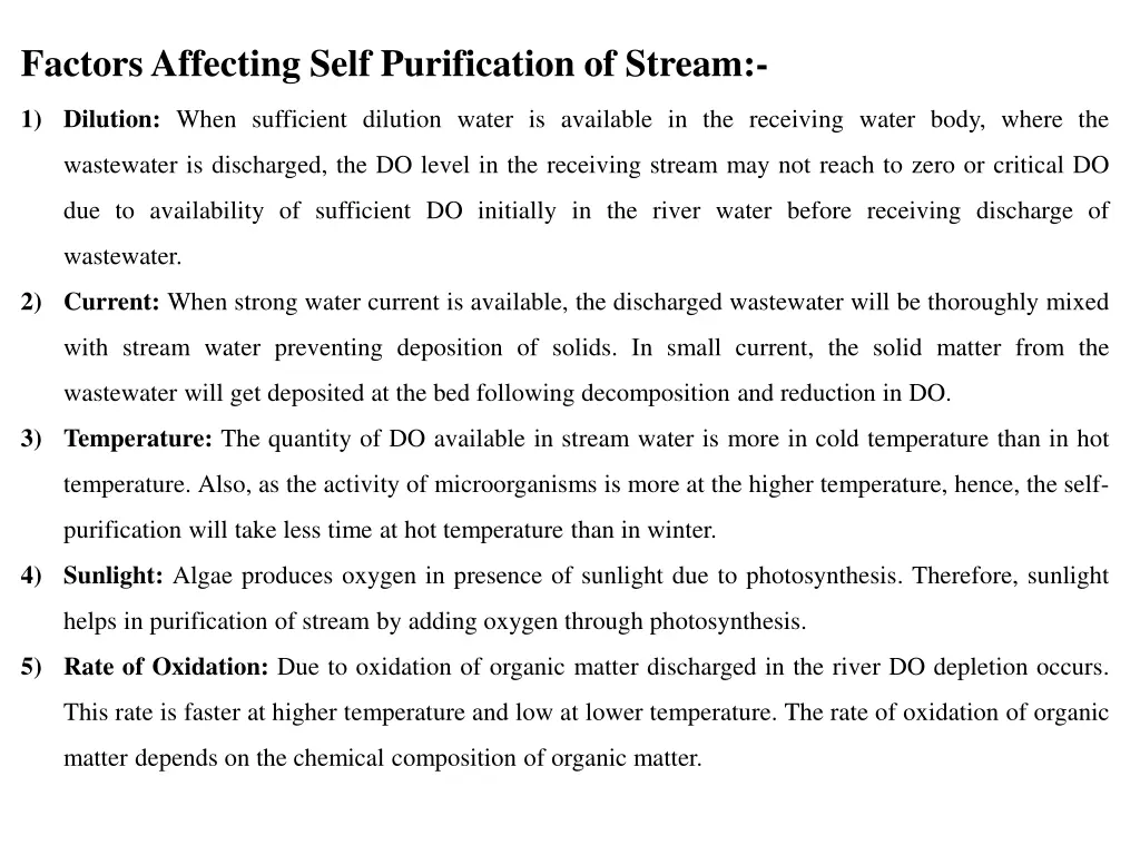 factors affecting self purification of stream