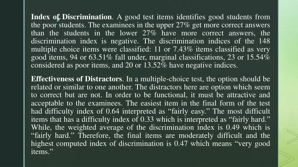 index of discrimination a good test items