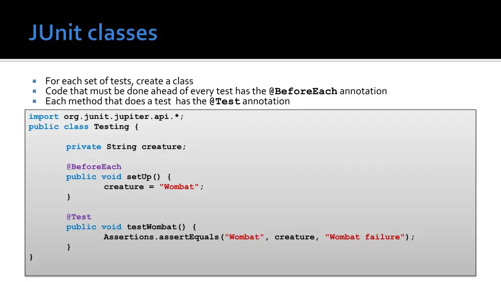 for each set of tests create a class code that