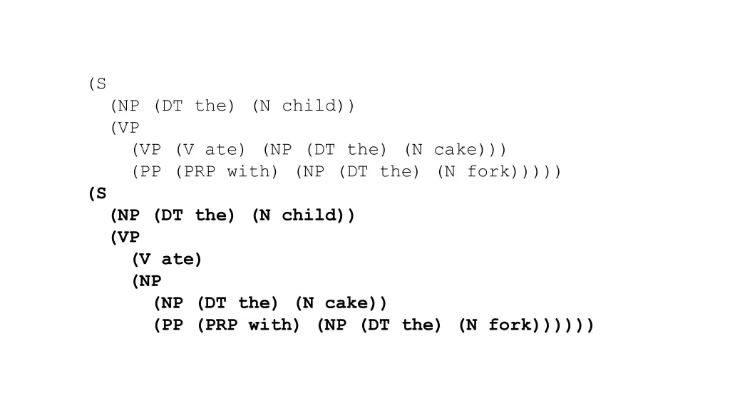 s np dt the n child vp vp v ate np dt the n cake 1