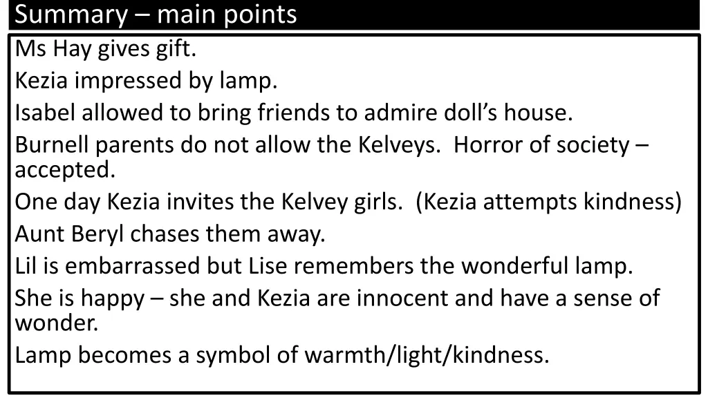 summary main points ms hay gives gift kezia