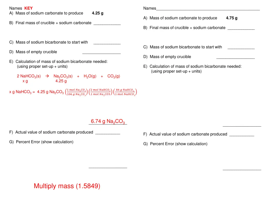 names key a mass of sodium carbonate to produce