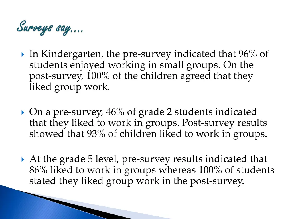 in kindergarten the pre survey indicated that