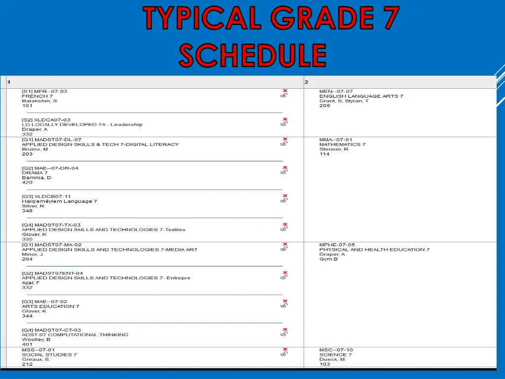 typical grade 7 schedule