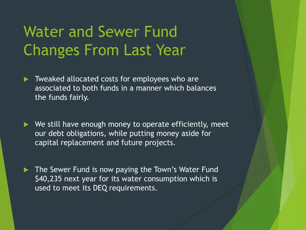 water and sewer fund changes from last year