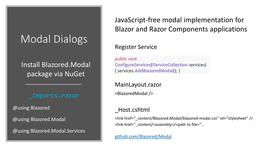 javascript free modal implementation for blazor