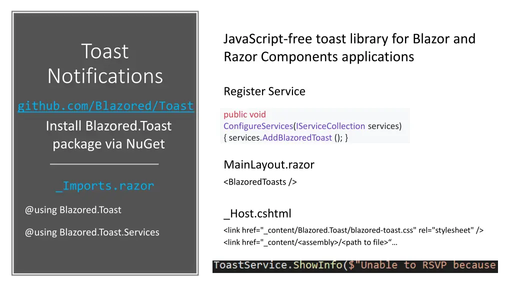 javascript free toast library for blazor