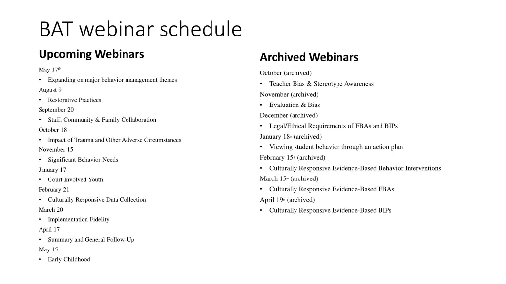 bat webinar schedule