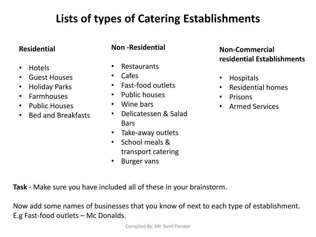 lists of types of catering establishments