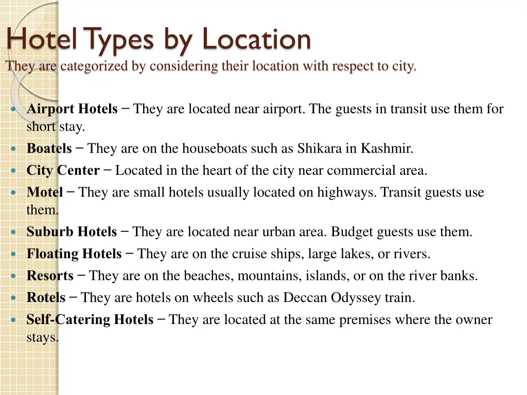 hotel types by location they are categorized