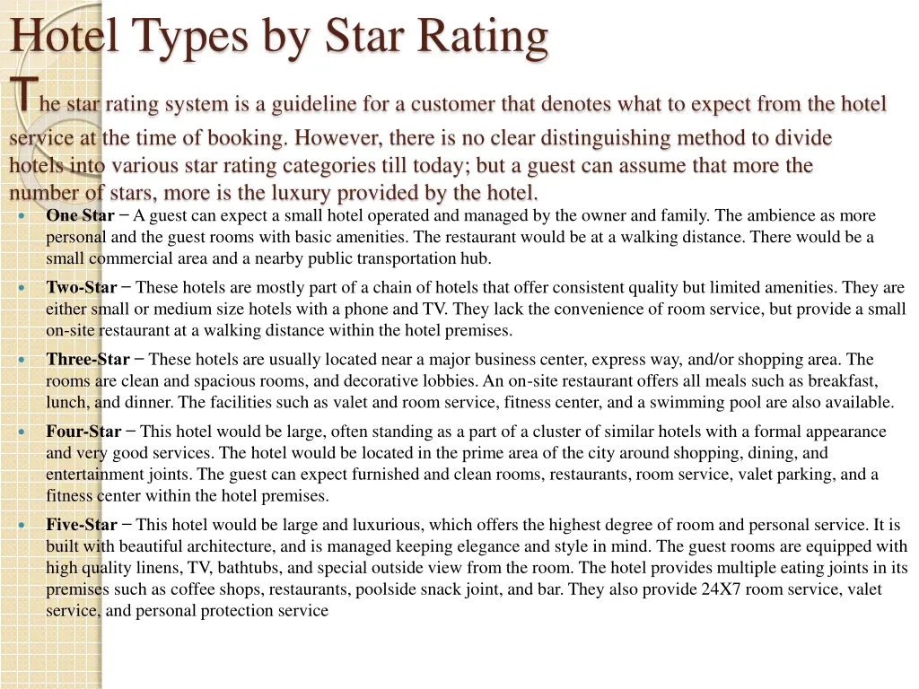 hotel types by star rating t he star rating