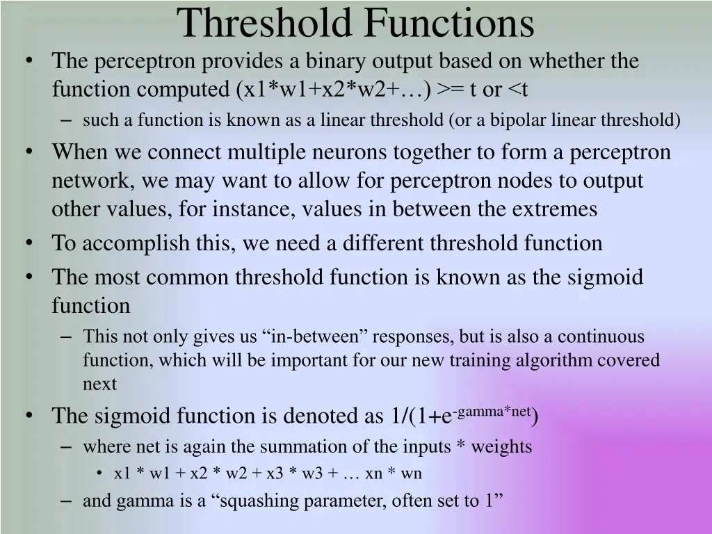 threshold functions the perceptron provides