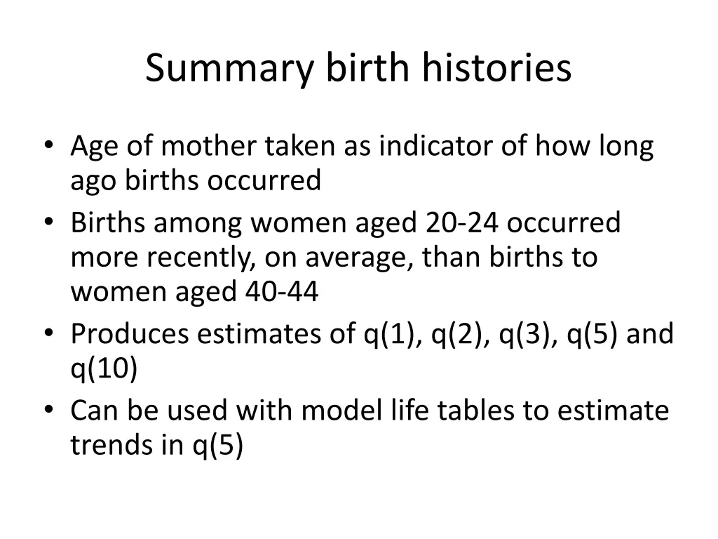 summary birth histories 1