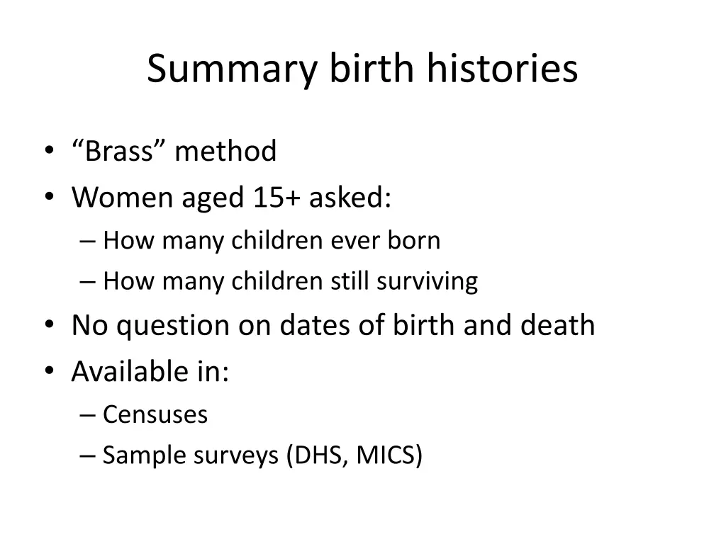 summary birth histories