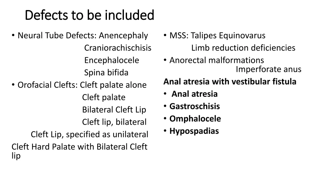 defects to be included defects to be included