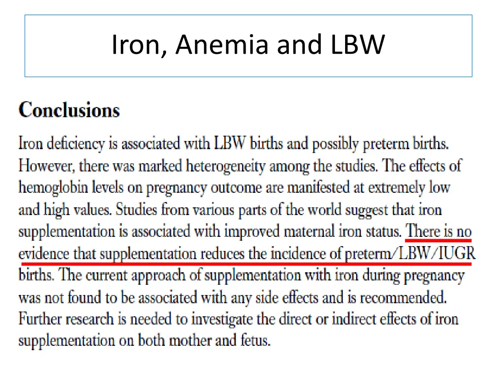 iron anemia and lbw