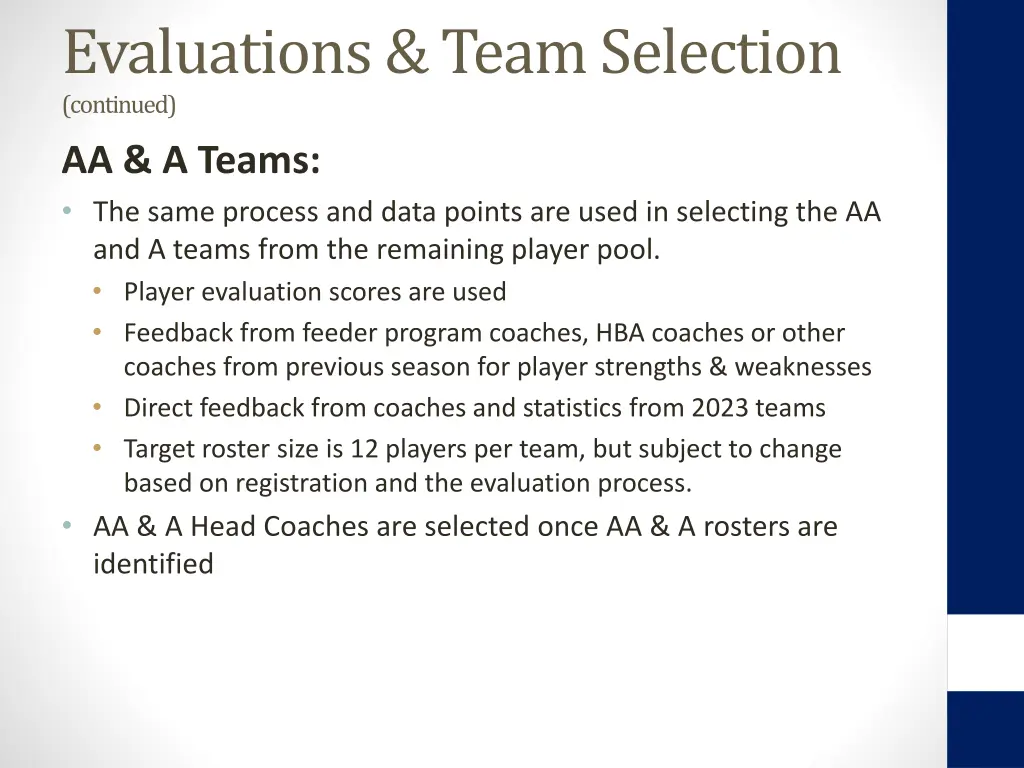 evaluations team selection continued