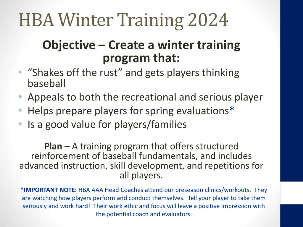 hba winter training 2024