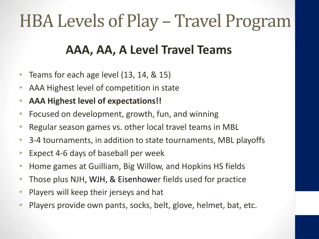 hba levels of play travel program