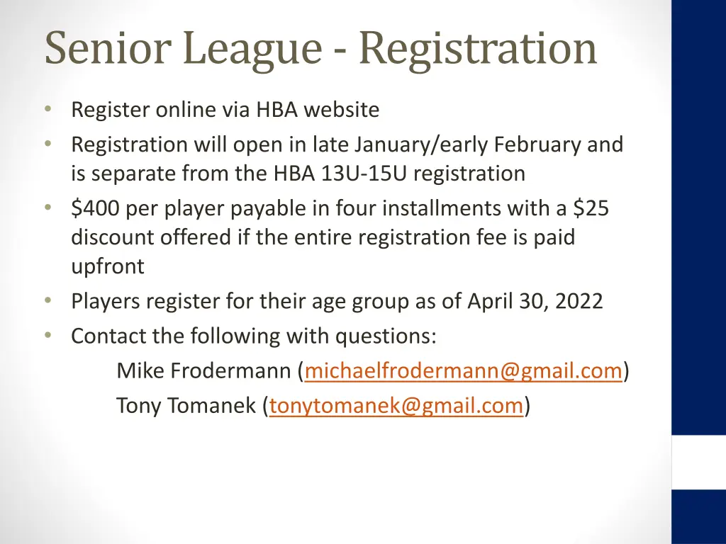 senior league registration