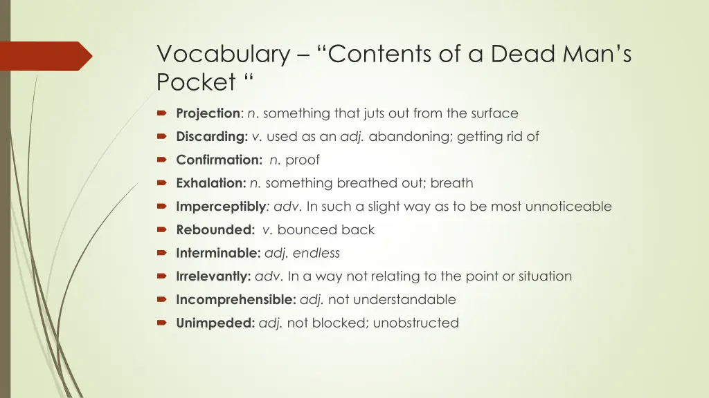 vocabulary contents of a dead man s pocket