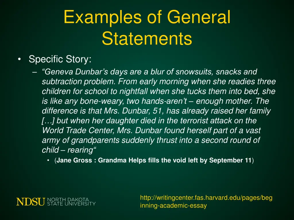 examples of general statements specific story