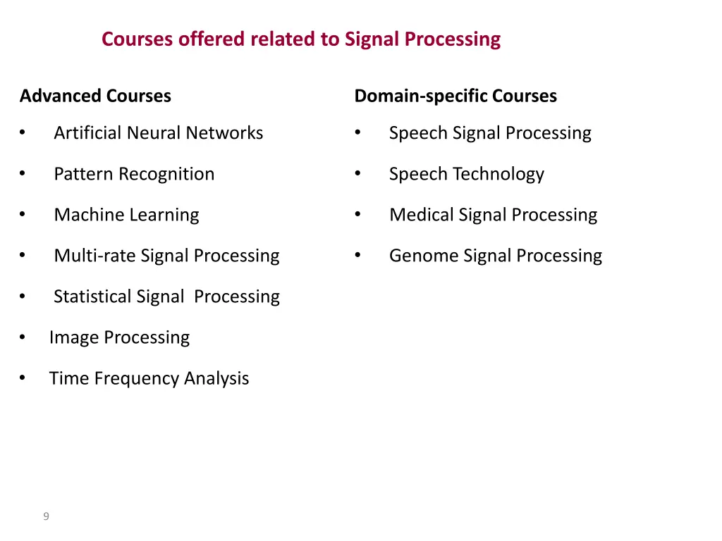 courses offered related to signal processing