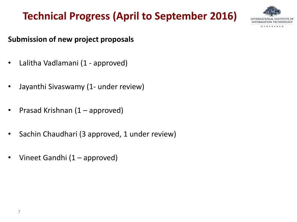 technical progress april to september 2016 1