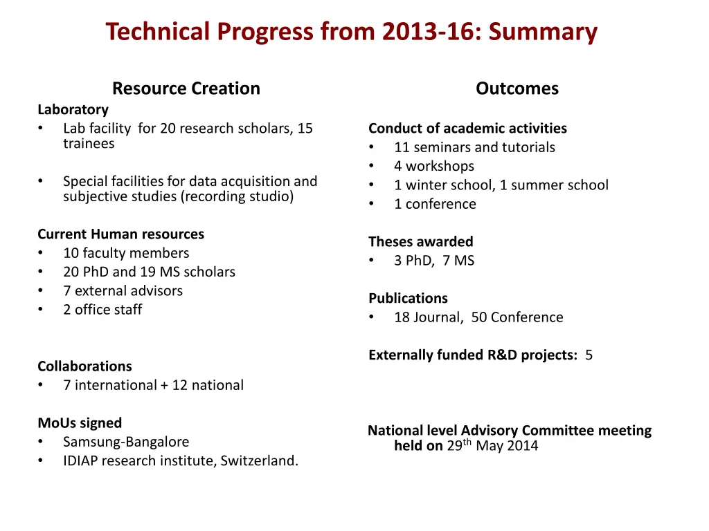 technical progress from 2013 16 summary