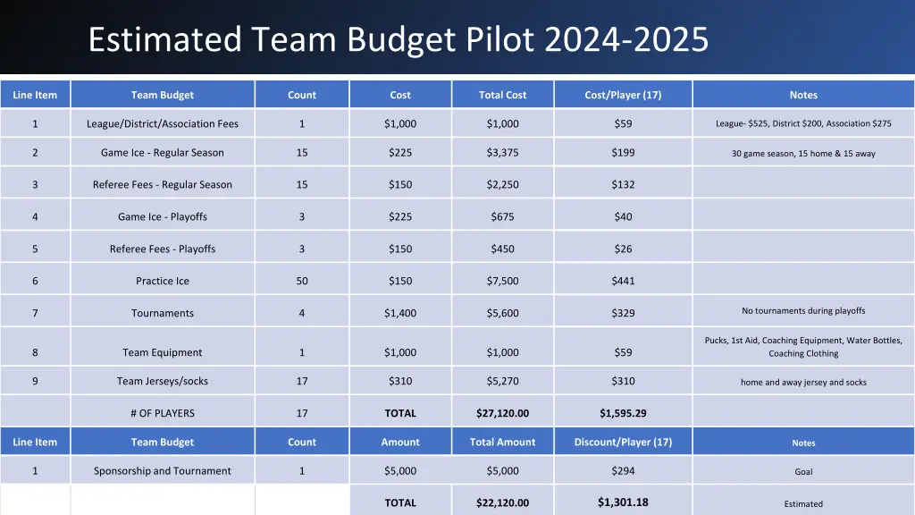 estimated team budget pilot 2024 2025