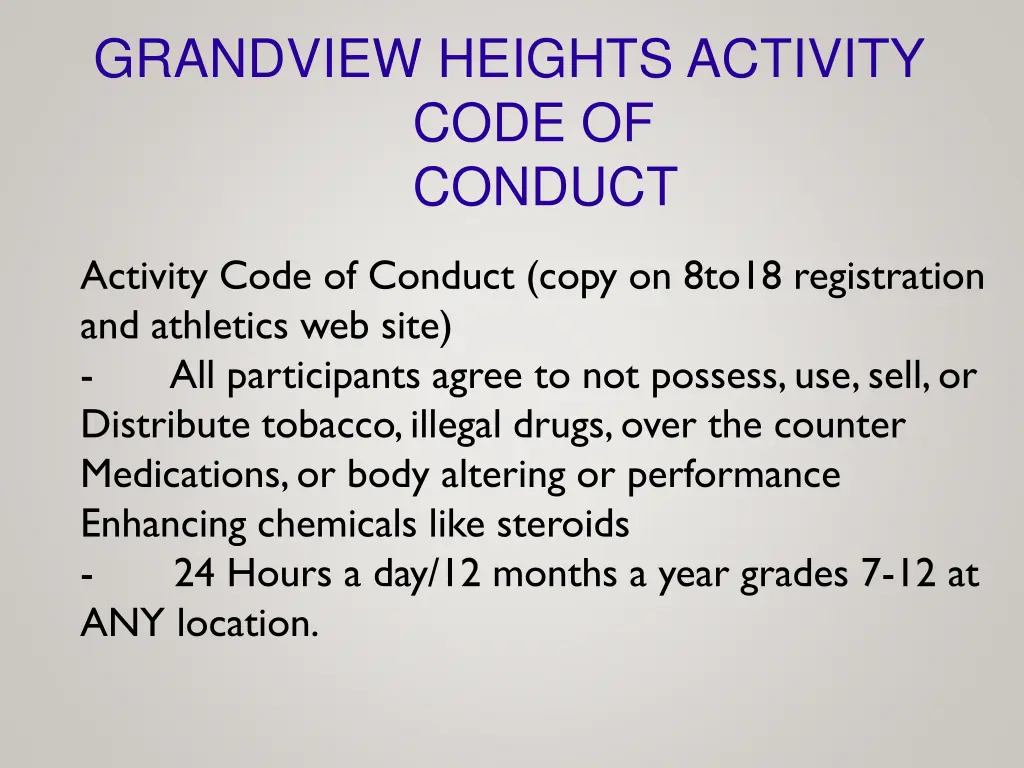 grandview heights activity code of conduct